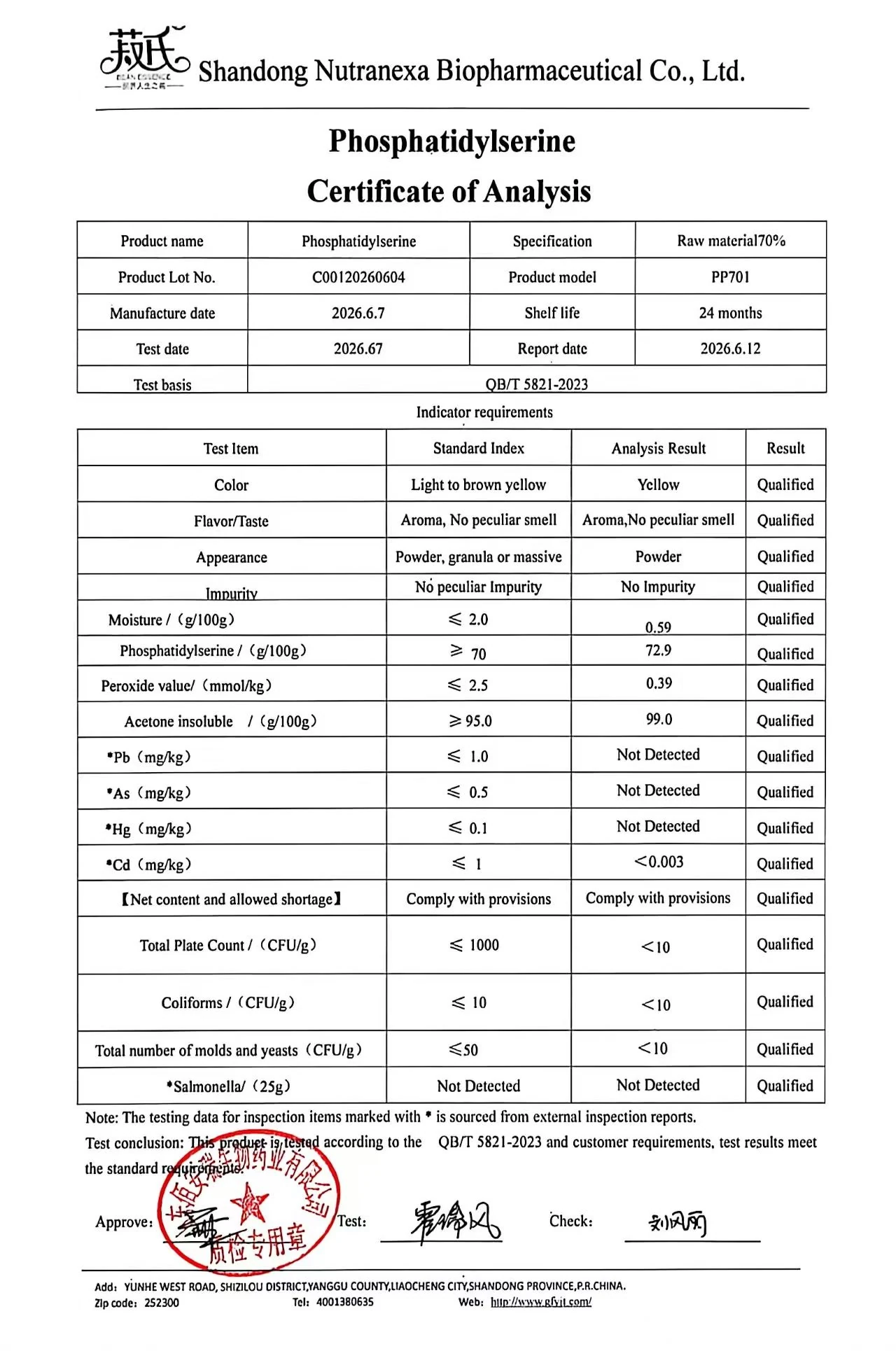 PS 70% COA Batch Sample supplied certificate image