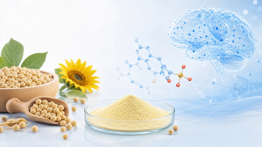 Soybeans, sunflower, phosphatidylserine powder, a molecular structure, and a neural brain visualization