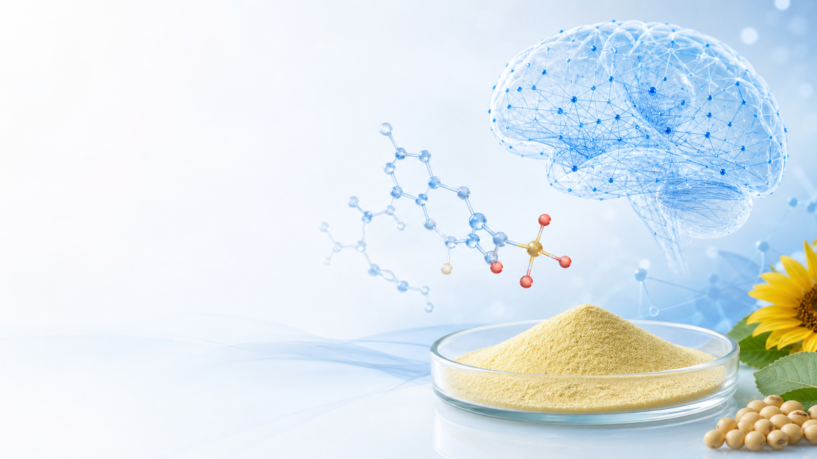 Scientific visualization of neural connections, a molecular structure, and PS powder