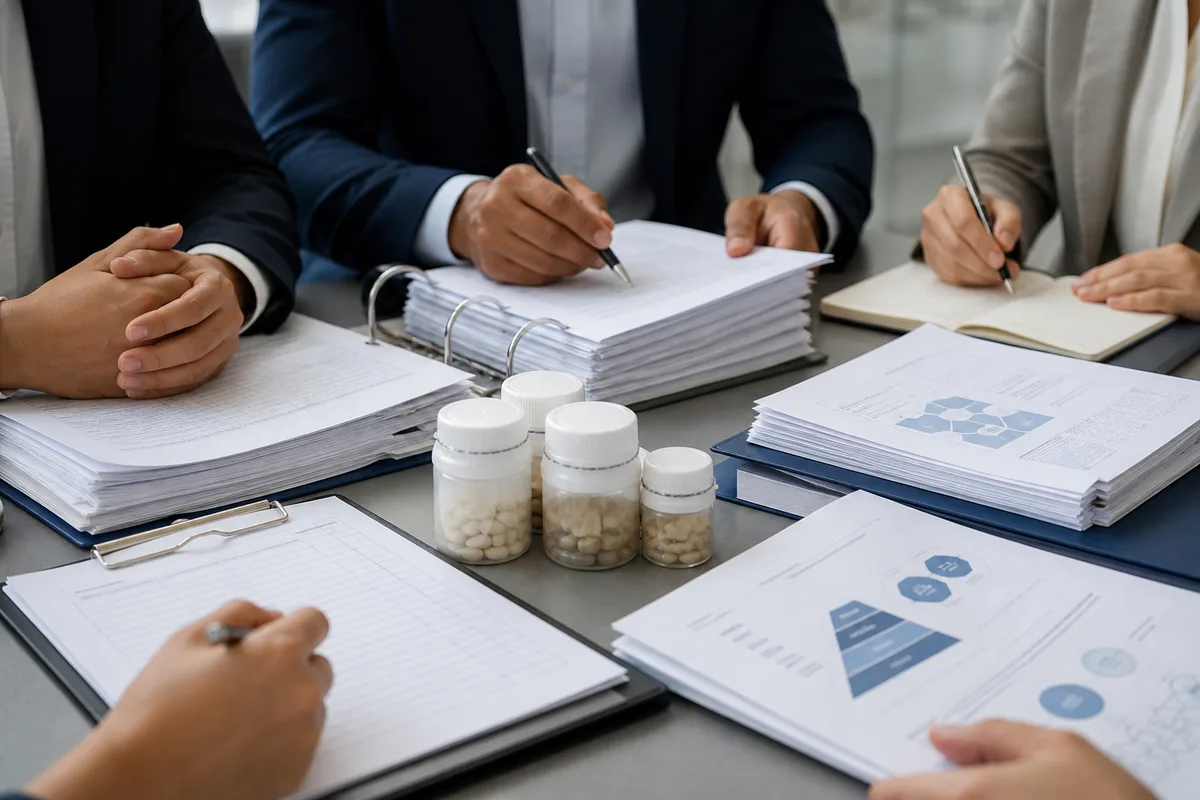 Regulatory briefing table with supplement dossiers, USP-style quality notes, and U.S. policy papers under review