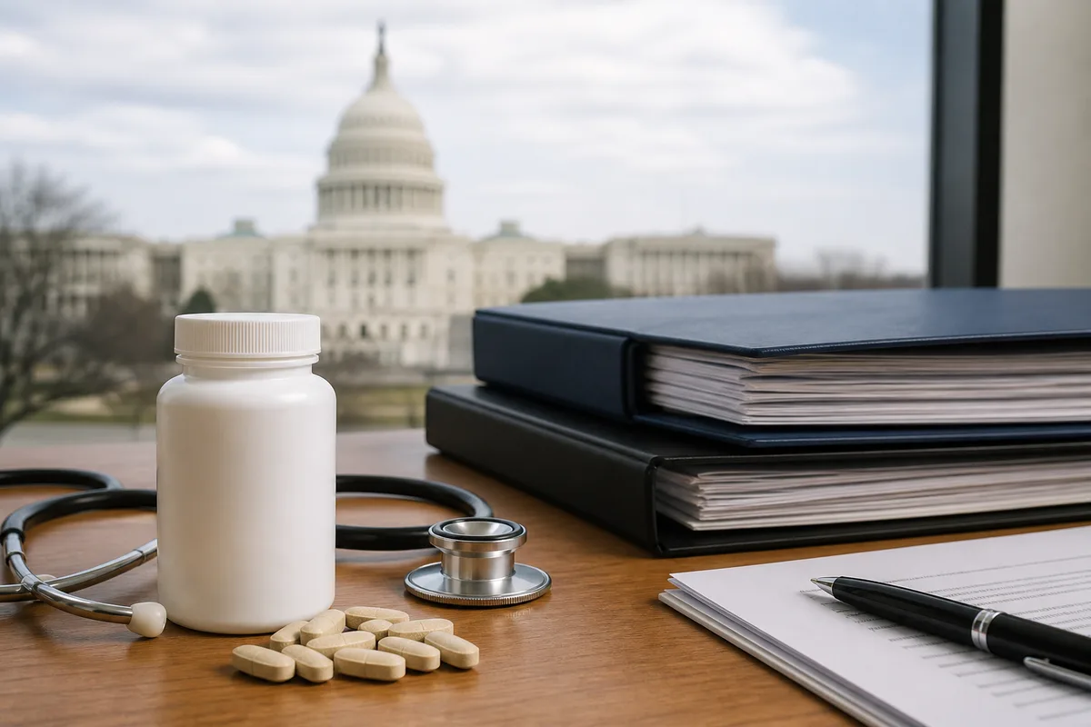 U.S. Capitol dome at dusk with a stethoscope and an unbranded supplement bottle on a bench in the foreground