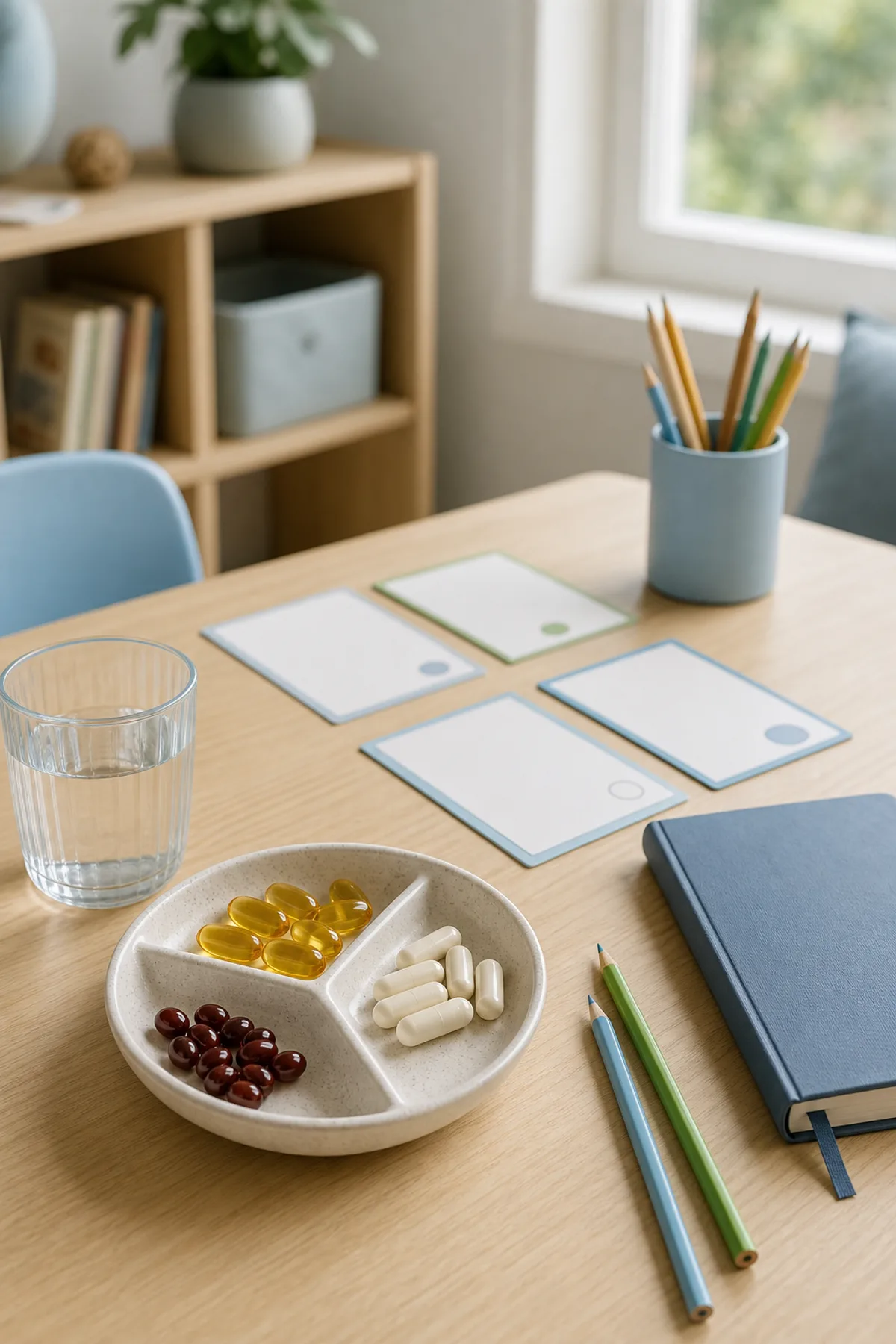 Home study desk with blank routine cards, pencils, water glass, and an unbranded divided tray of capsules and softgels