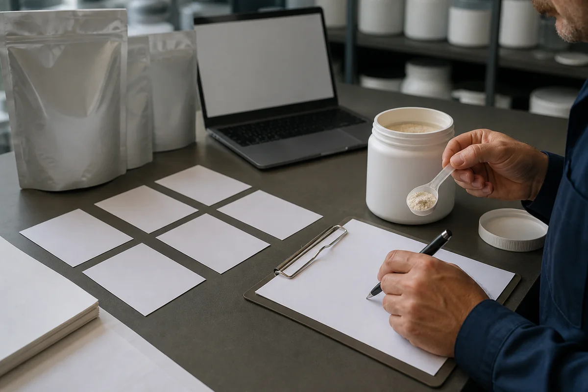B2B supplement content review with unbranded PS sample, search-query cards, and a human reviewer checking source evidence with a closer quality-review detail