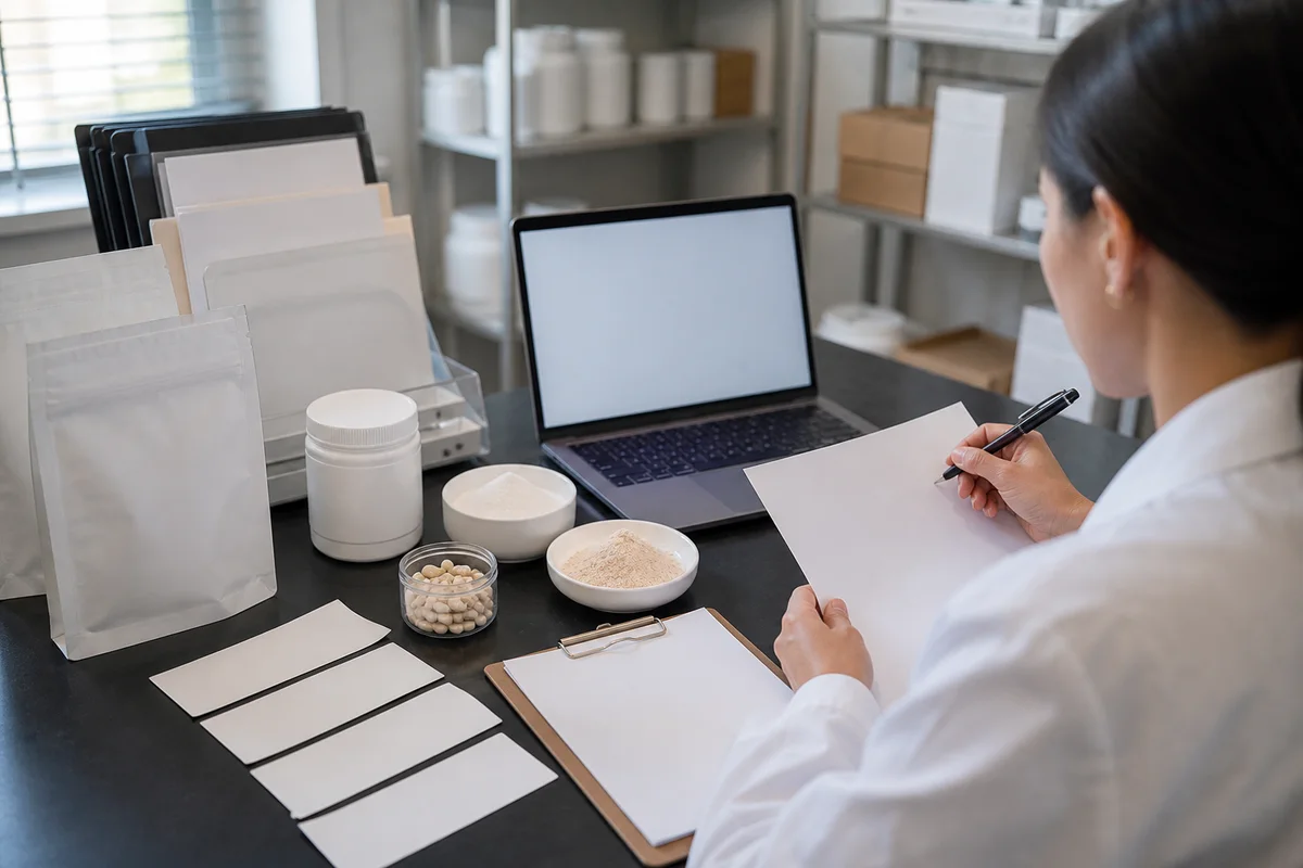 B2B supplement content review with unbranded PS sample, search-query cards, and a human reviewer checking source evidence