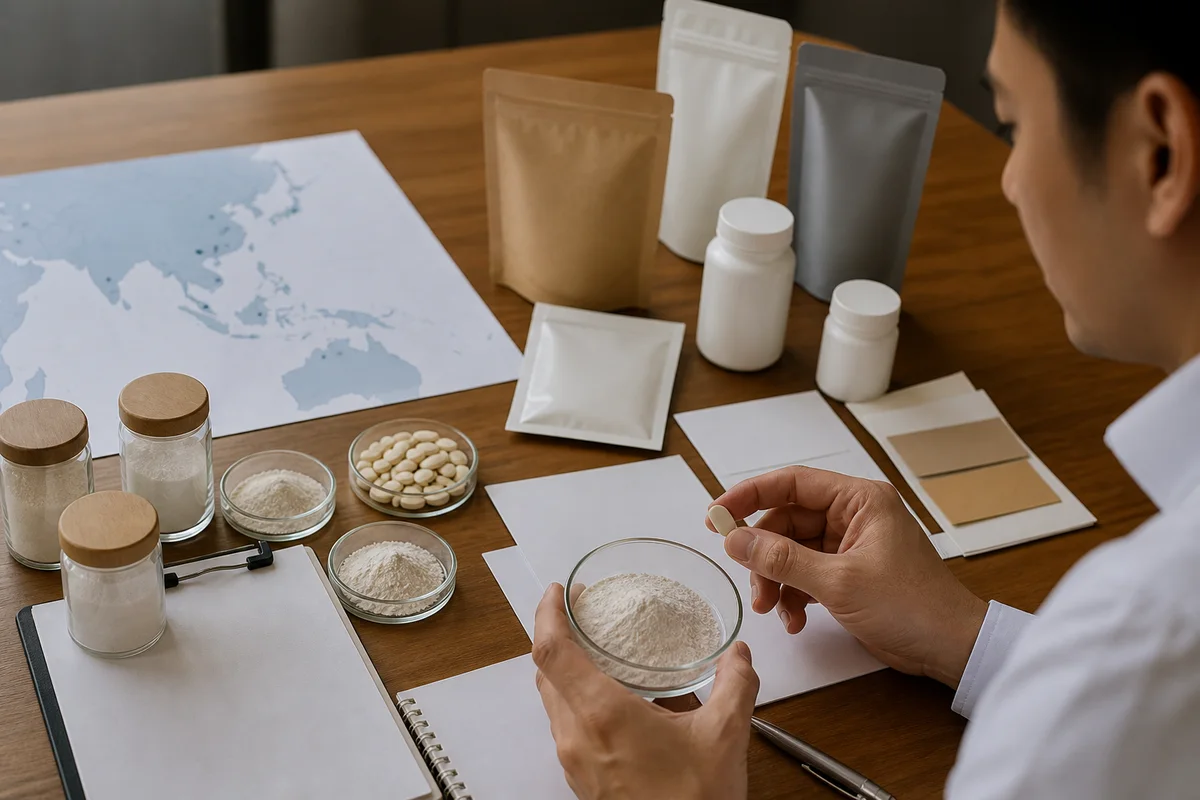 Regional supplement buyer reviewing unbranded powder and tablet formats beside a retail route map and blank packaging cards with a closer quality-review detail