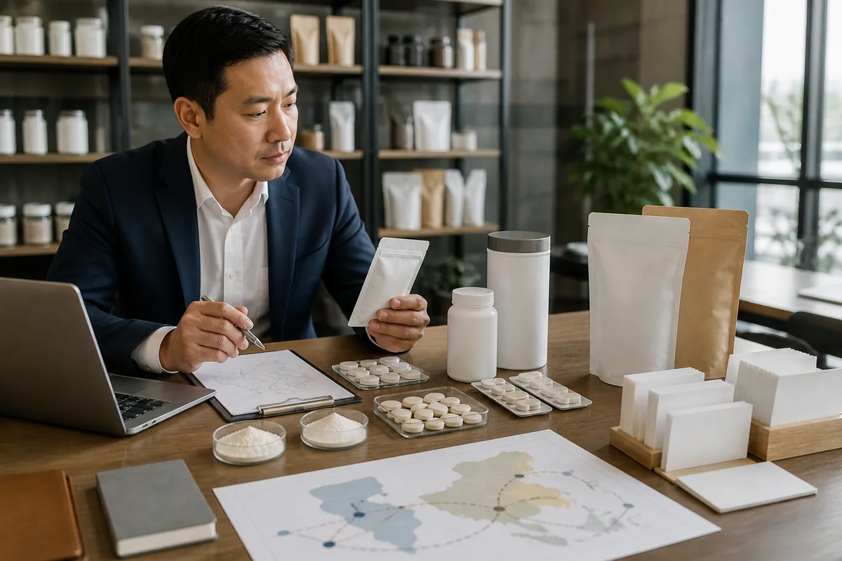 Regional supplement buyer reviewing unbranded powder and tablet formats beside a retail route map and blank packaging cards