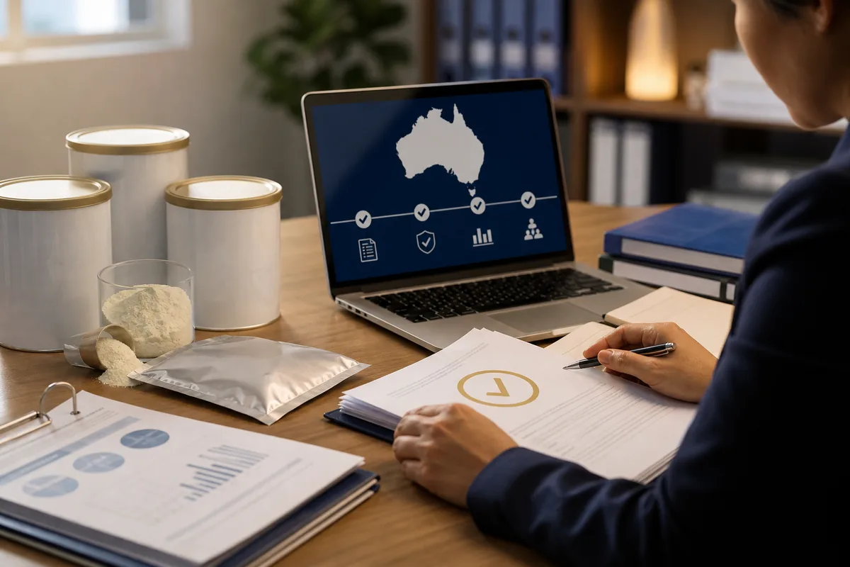 Regulatory review desk with infant formula documents, dairy ingredient samples, and an Australia market map on a monitor
