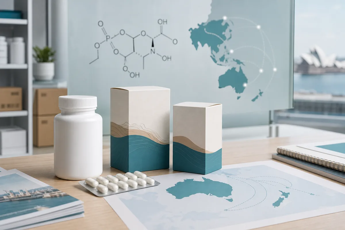 Unbranded cognitive supplement bottle and cartons on a product-planning desk with an APAC map and citicoline concept graphic
