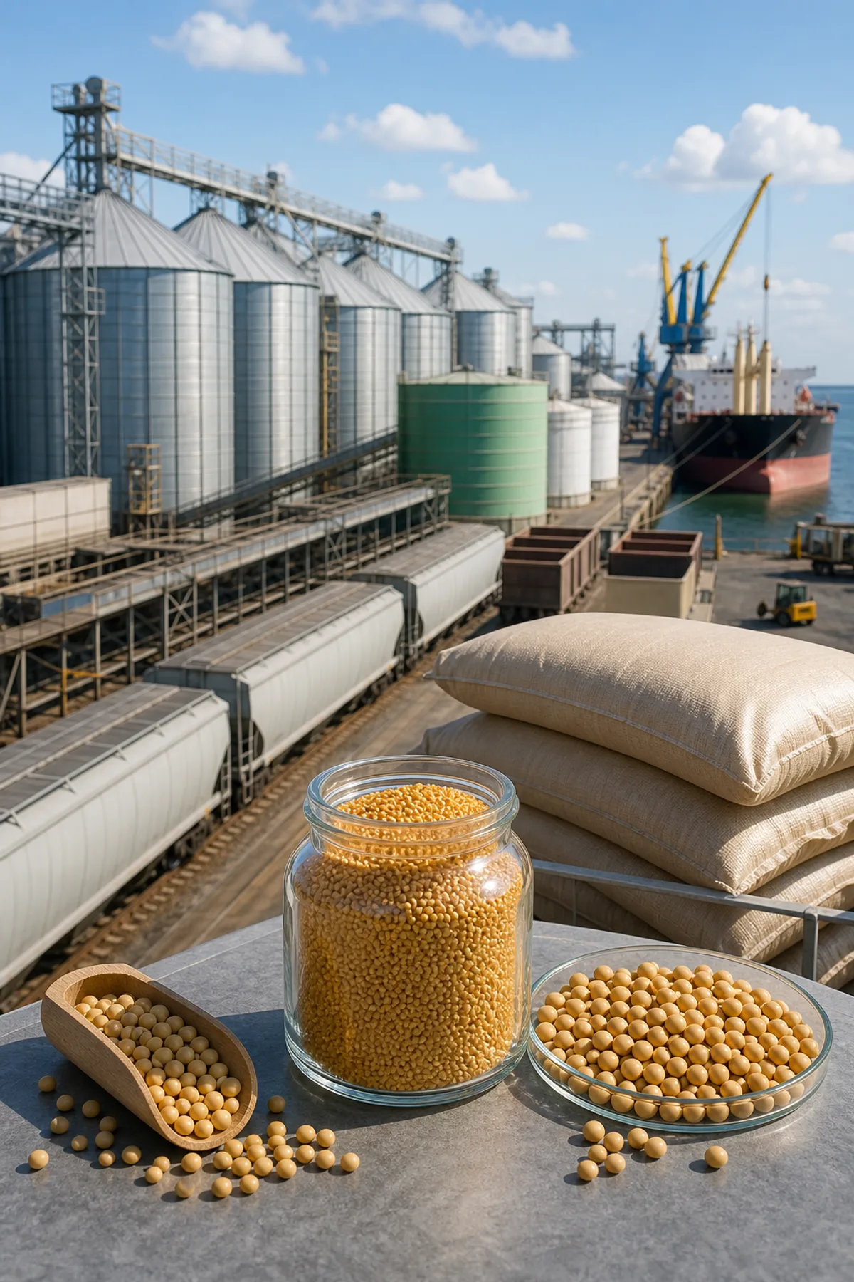Industrial ingredient logistics scene with lecithin sample jar, soy materials, bulk tanks, and rail-linked shipping infrastructure