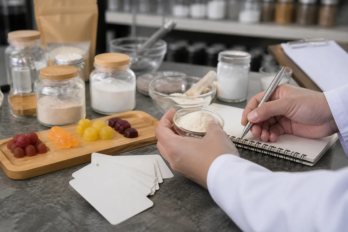 Functional nutrition development bench with small unbranded powder and gummy prototypes, blank age-range cards, and QA notes with a closer quality-review detail