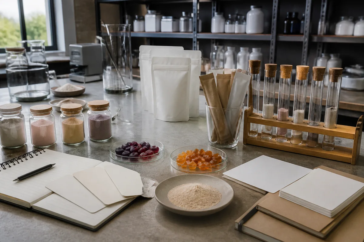 Functional nutrition development bench with small unbranded powder and gummy prototypes, blank age-range cards, and QA notes