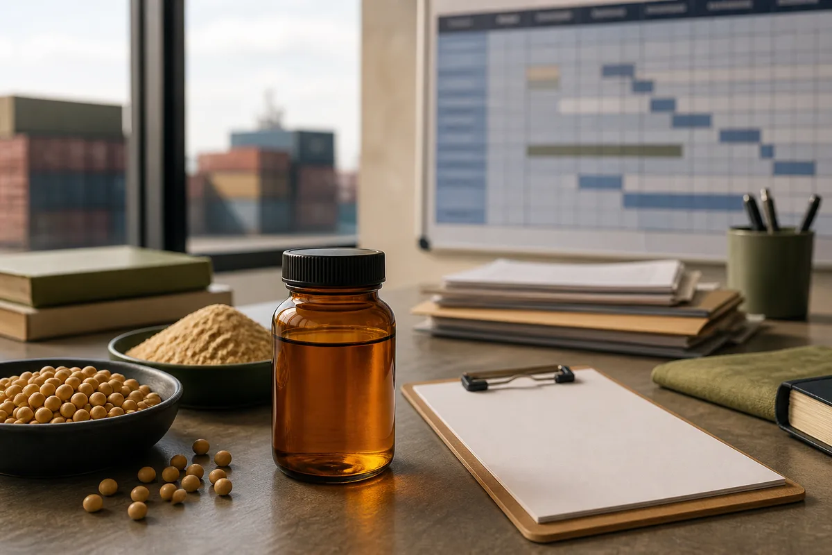Amber lecithin bottle with soybeans and a logistics planning board in the background
