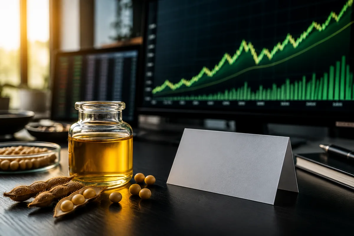 Pricing analyst desk with a price trend chart on a screen, a sample container of golden liquid lecithin, and a small soybean pod arrangement