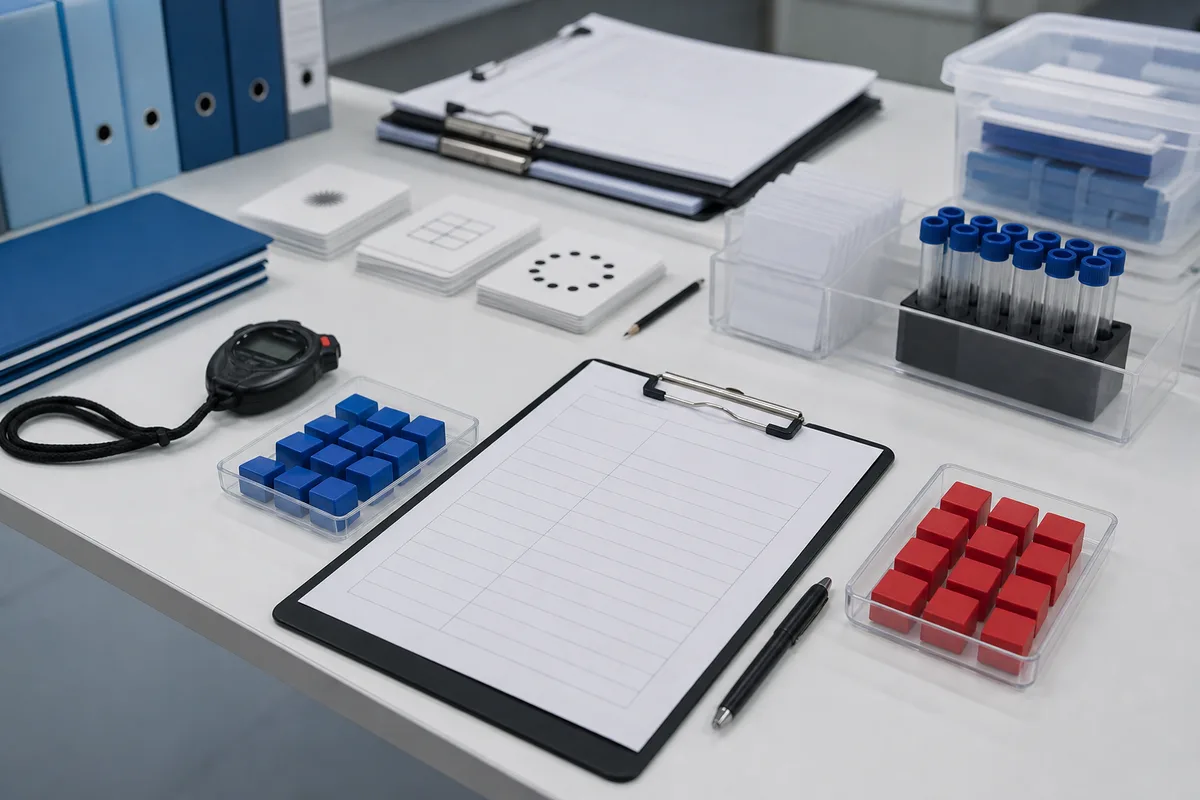 Technical standard review desk with testing protocol sheets, stopwatch, and memory-task blocks arranged for evaluation