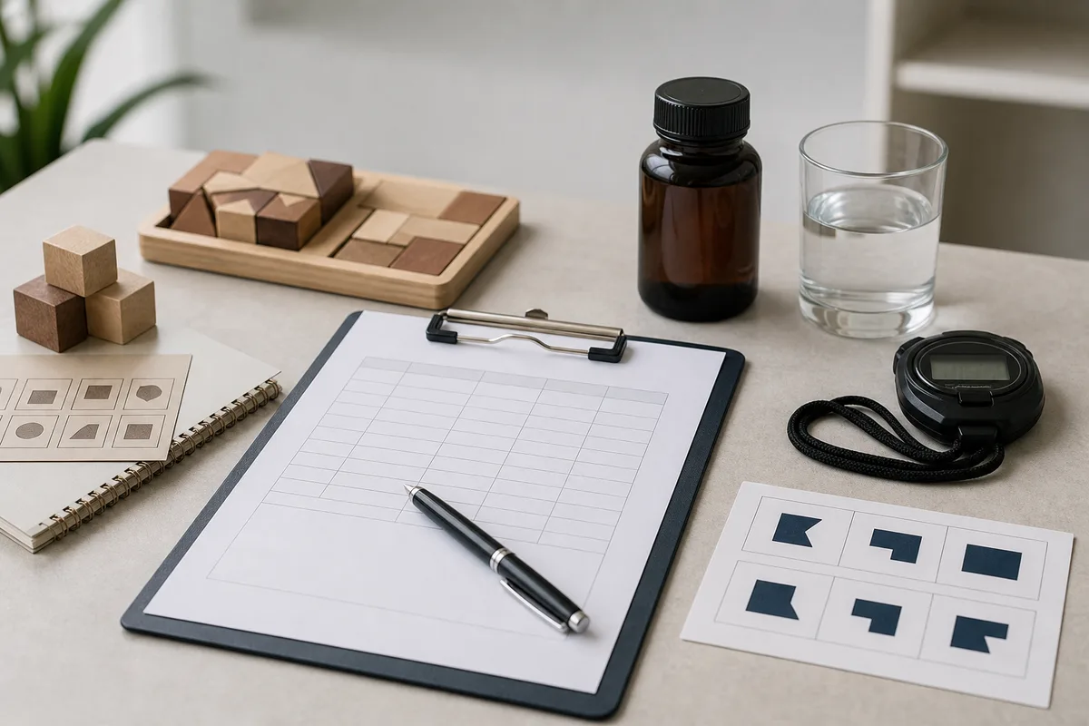 Open evaluation checklist document with a clipboard and small memory puzzle cubes on a clean office desk