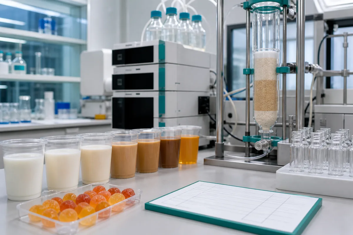 Food sample lineup with dairy cups, gummies, and assay glassware in a quality-control lab