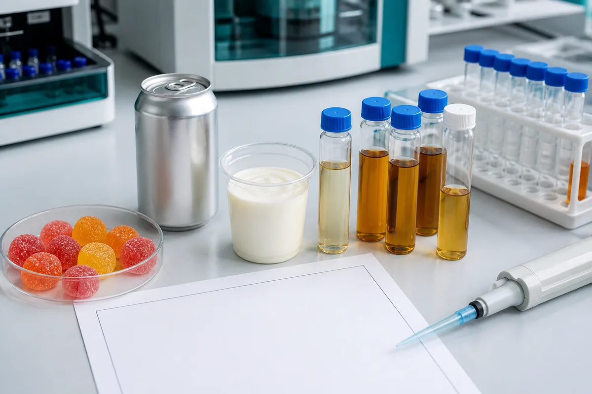 Chinese laboratory analyst equipment with sample vials, a printed standard document, and a beverage sample beside a measuring instrument