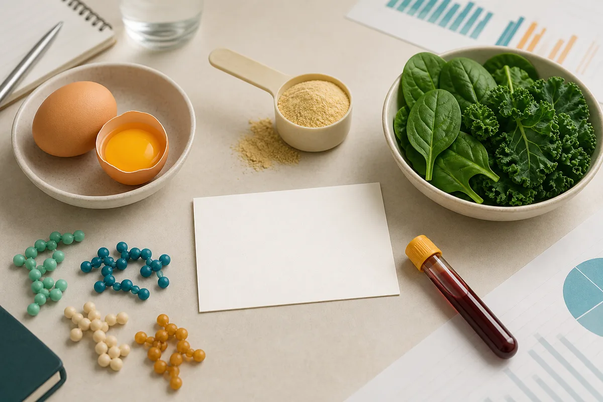 Egg, powder, greens, and microbiome models arranged around a blank analysis card