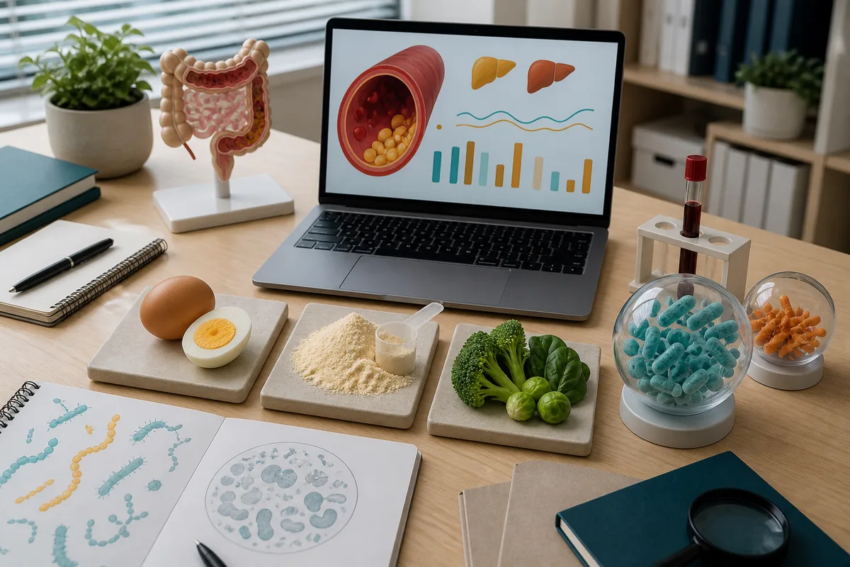 Epidemiology study scene with stacked food model cards, a laptop showing a lipid chart, and a small blood sample tube in a bright clinic office