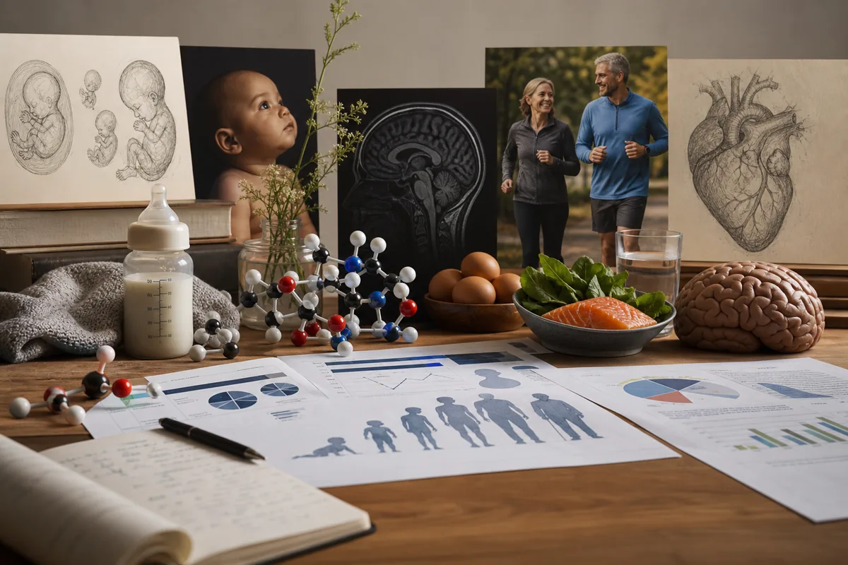 Scientific review desk with lifespan nutrition diagrams, choline pathway sketches, and policy-style research briefing notes