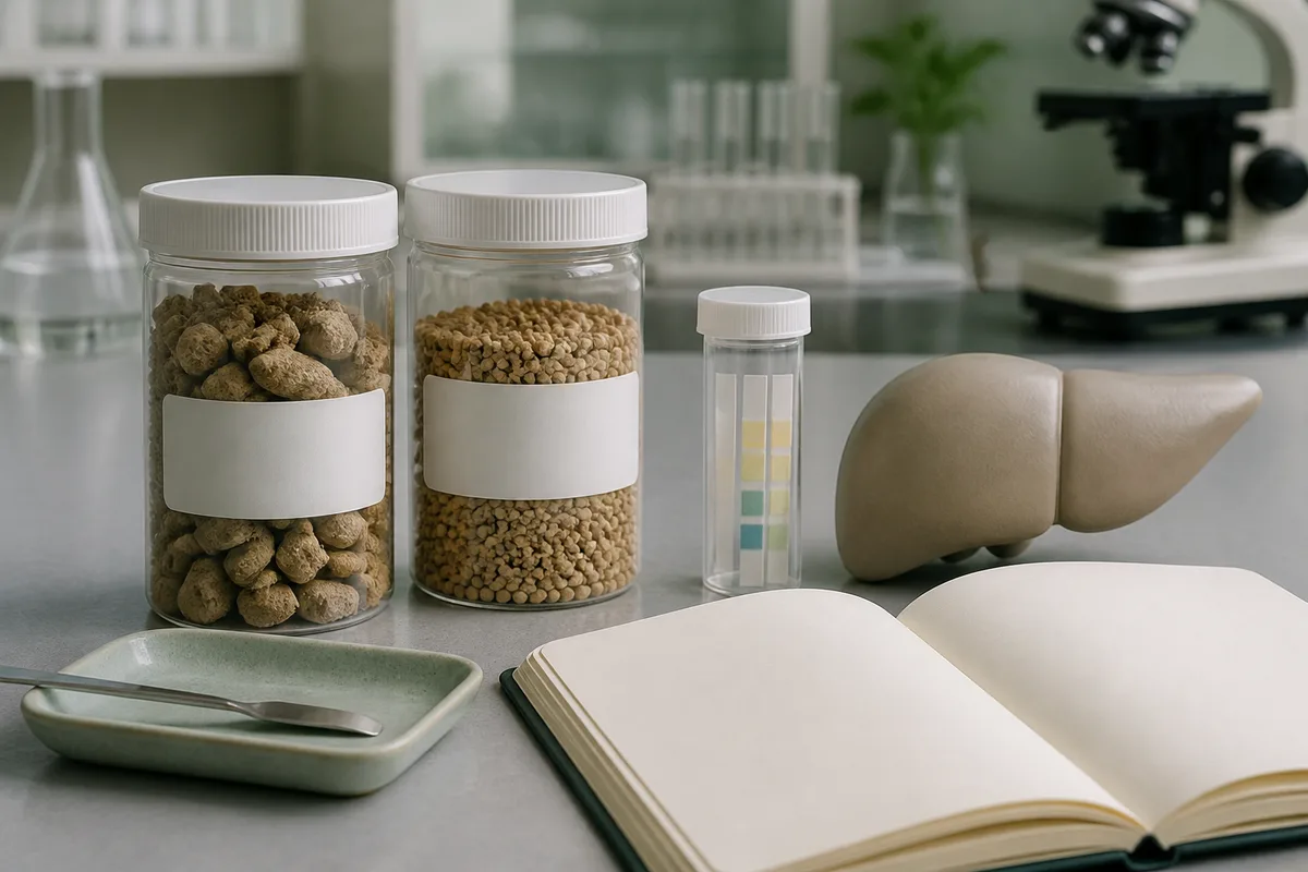 Feed jars, glucose strips, and a liver model on a metabolism research bench