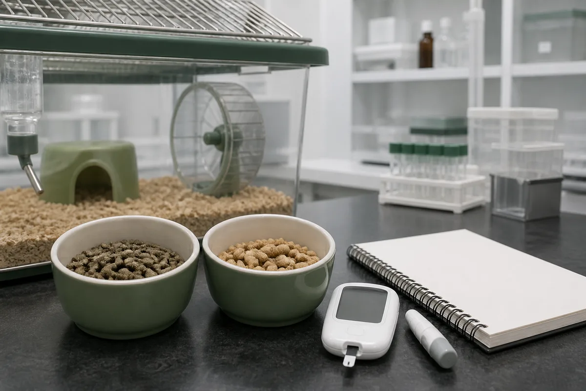 Laboratory mouse metabolism study scene with a small animal enclosure, feed bowls, and a glucose meter beside a research notebook