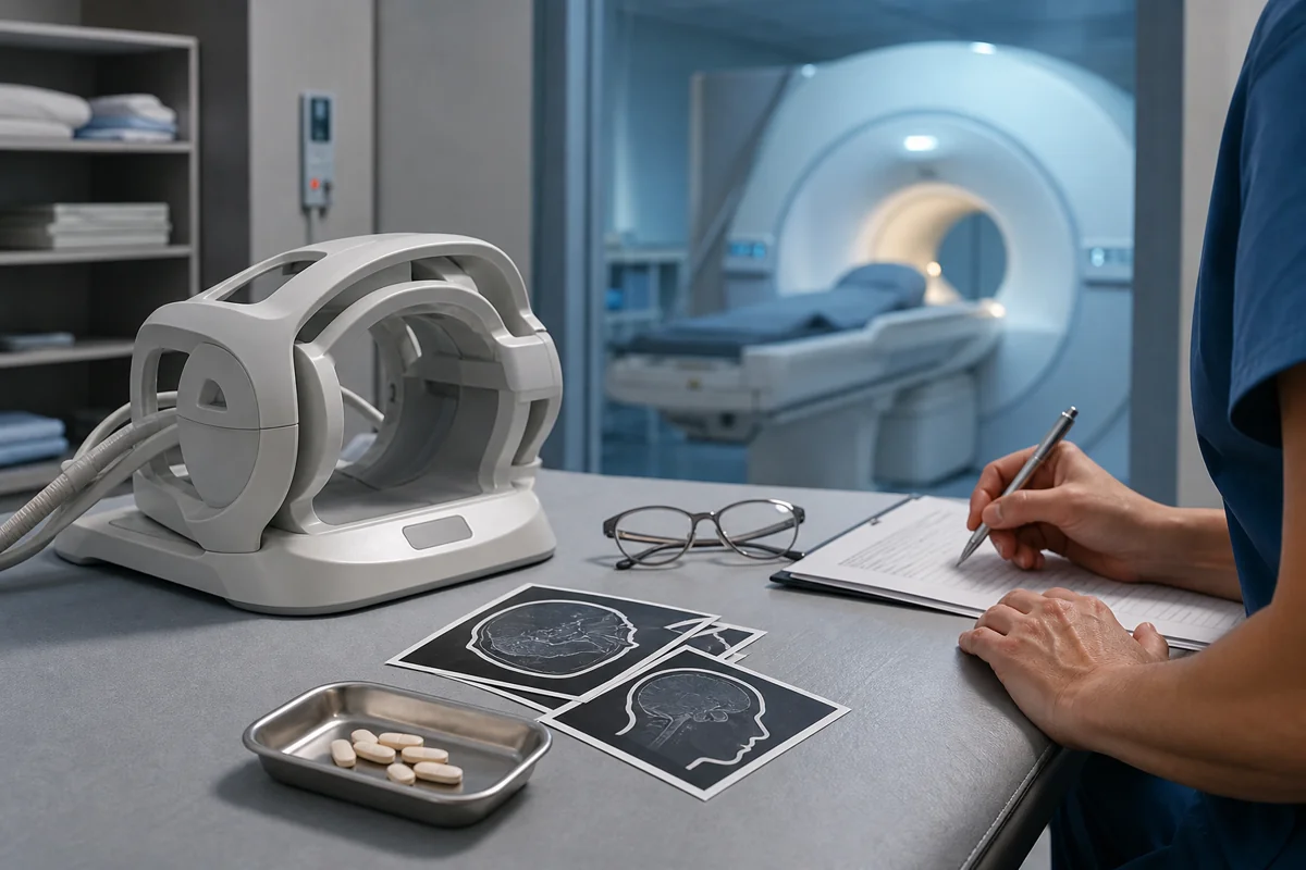 MRI preparation table with a head coil, unbranded tablets, brain-image cards, and a clinician writing intake notes