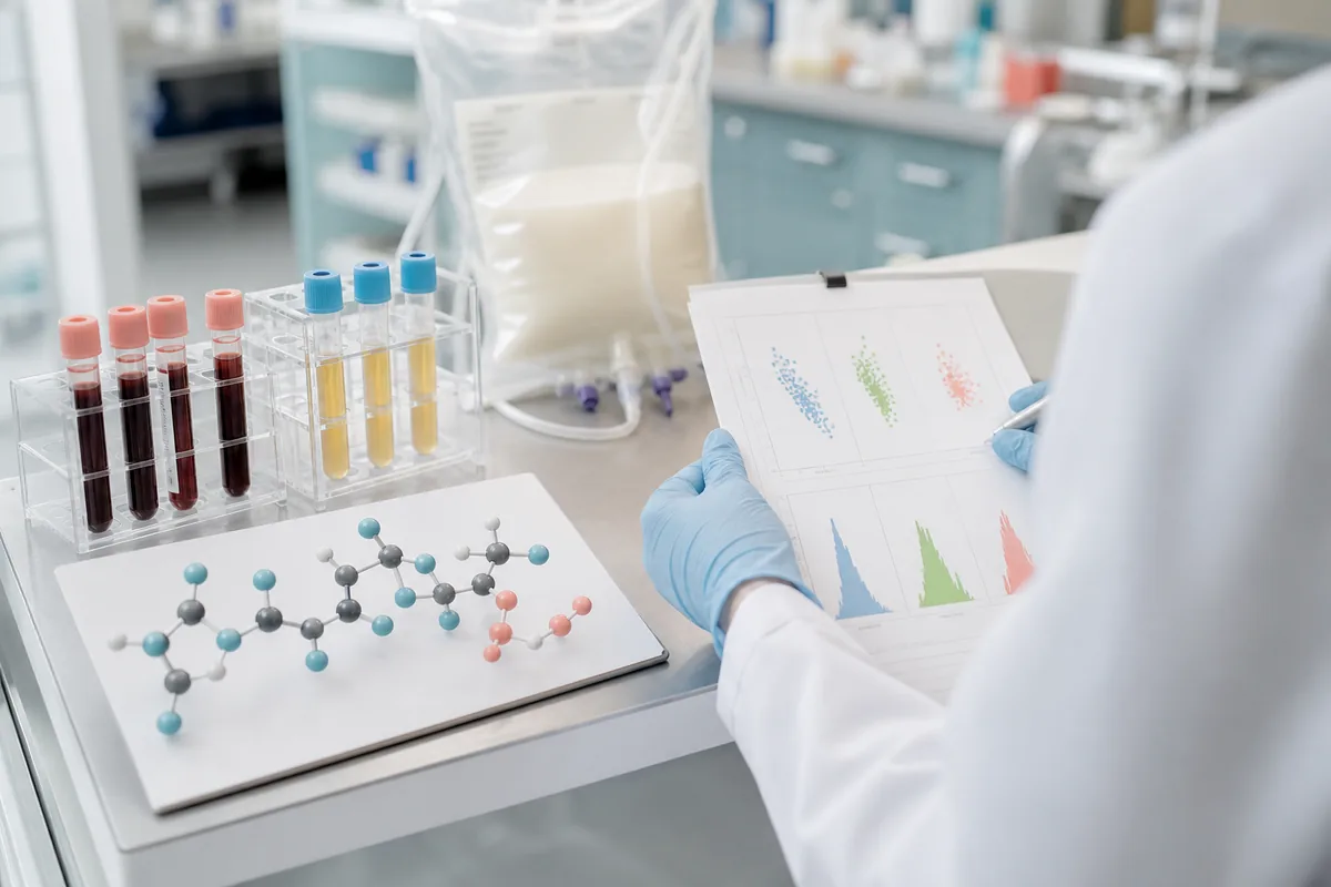 Clinical plasma samples, a pediatric nutrition support bag, and abstract metabolite plots on a review desk