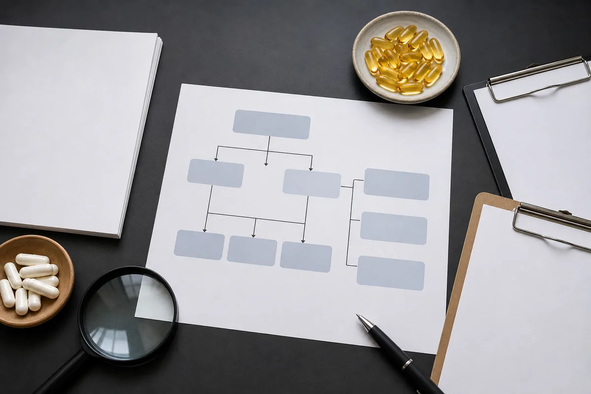 Evidence-synthesis desk with study screening notes, forest-plot style charts, and unbranded cognition ingredient samples