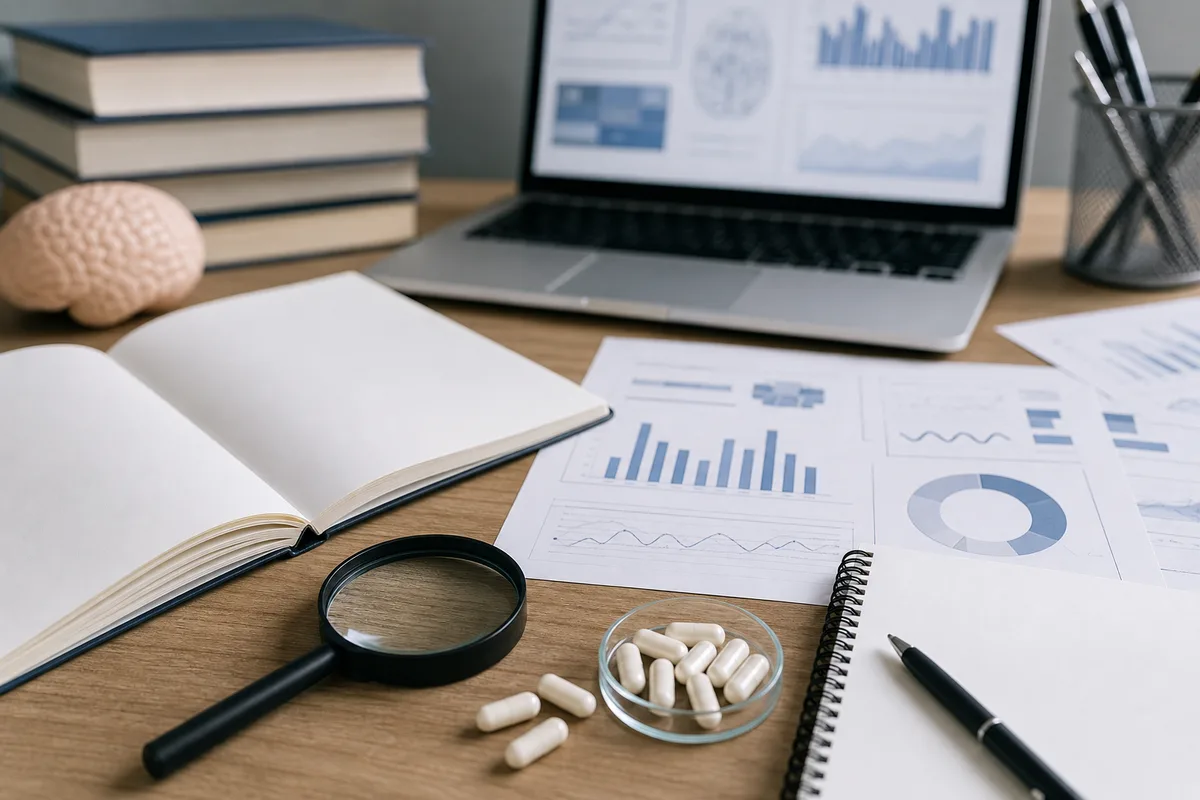 Printed journal pages with a magnifying glass over a statistical chart and a laptop showing a literature database