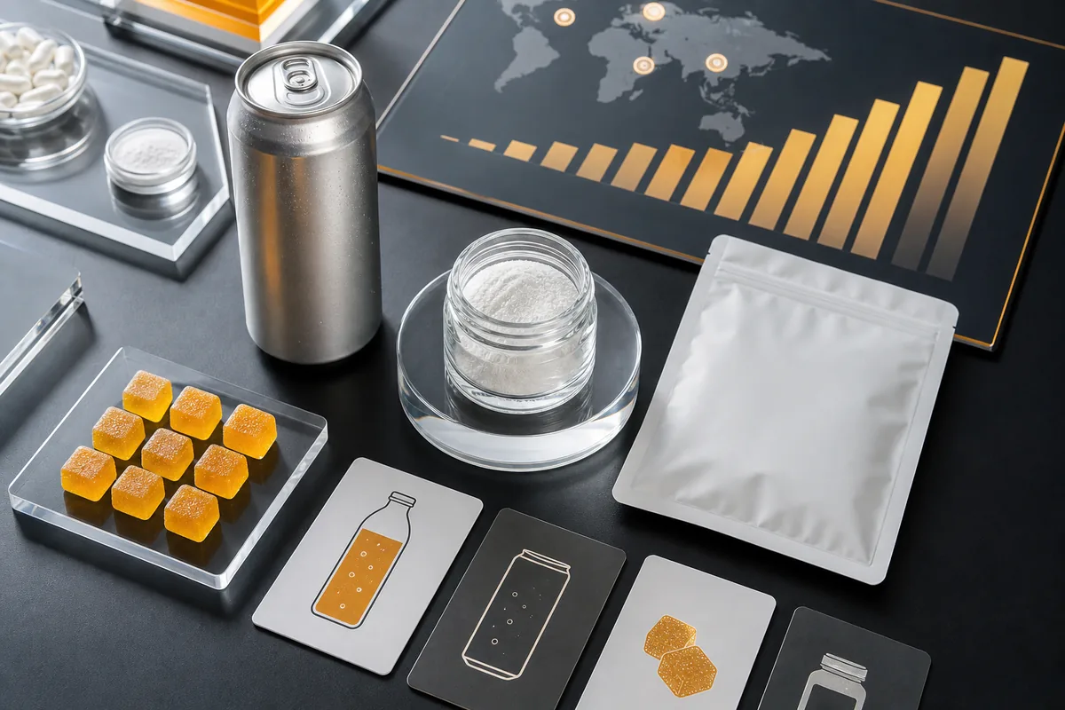 Unbranded beverage, gummy, powder, and pouch formats arranged around an abstract growth dashboard for cognitive ingredient strategy