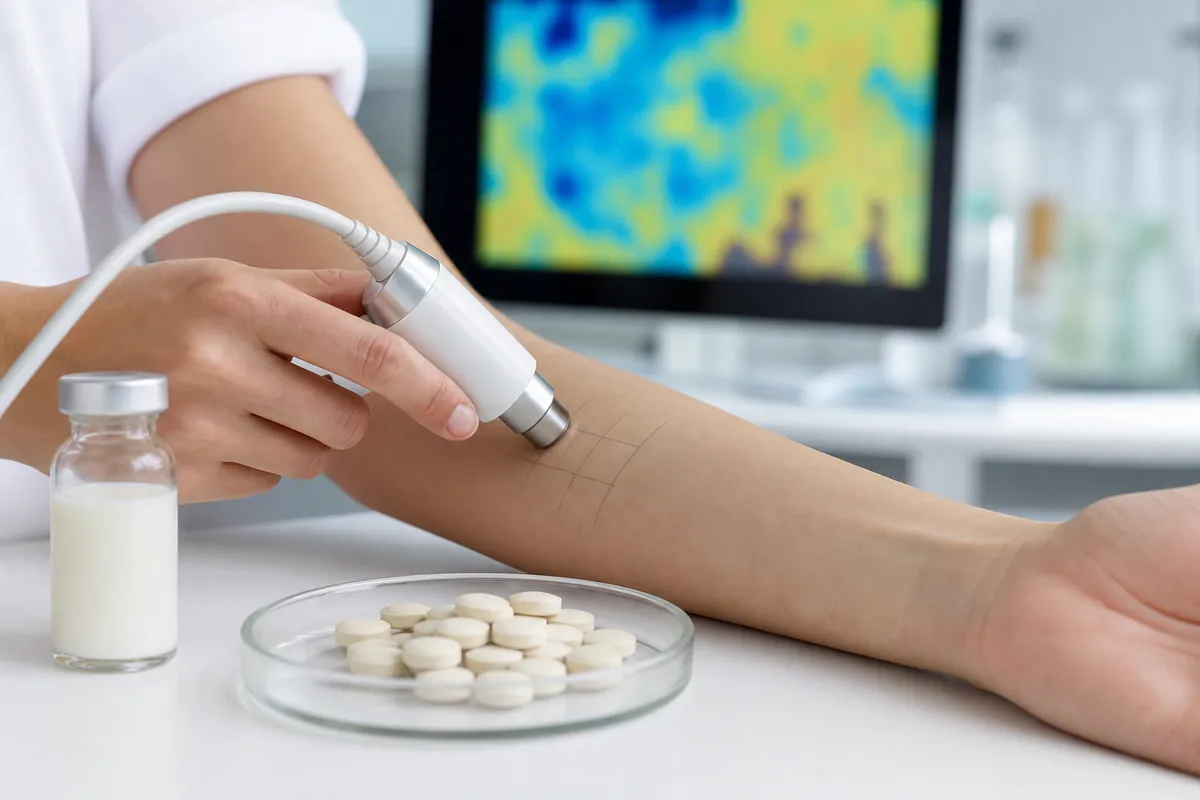 Skin hydration testing probe beside unbranded tablets and a dairy lipid sample vial in a clinical assessment room
