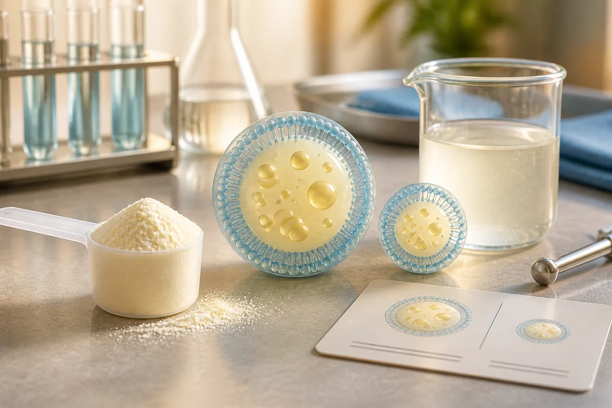 Large and small lipid droplet models beside formula powder and a digestion-study beaker
