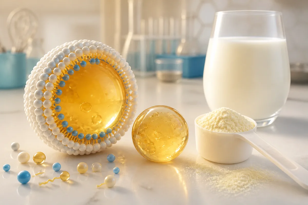 Microscopy-style visual of large and small lipid droplets above an infant formula scoop and milk illustration on a research desk