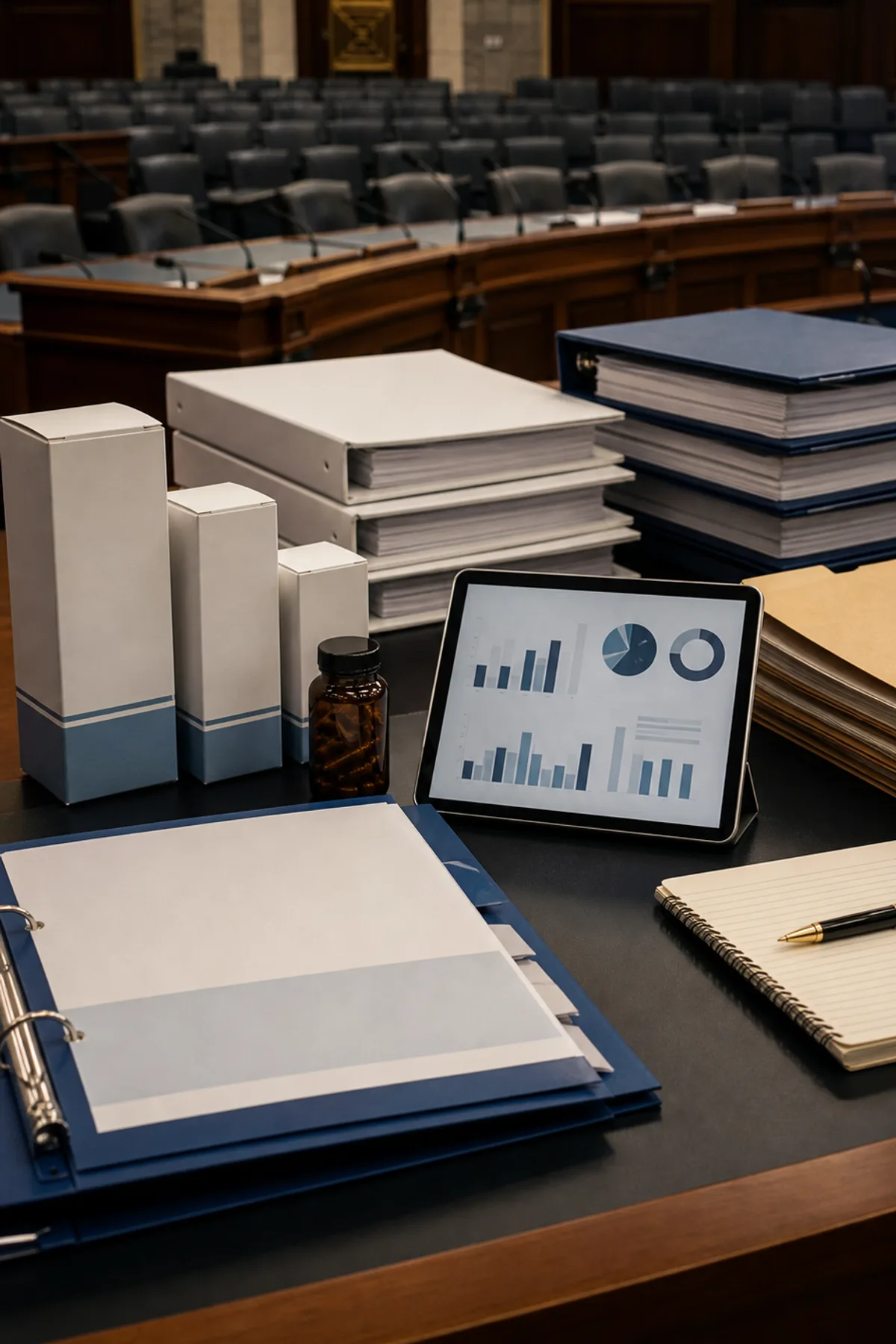 Committee hearing room with blank supplement cartons, stacked binders, and a tablet showing abstract compliance charts