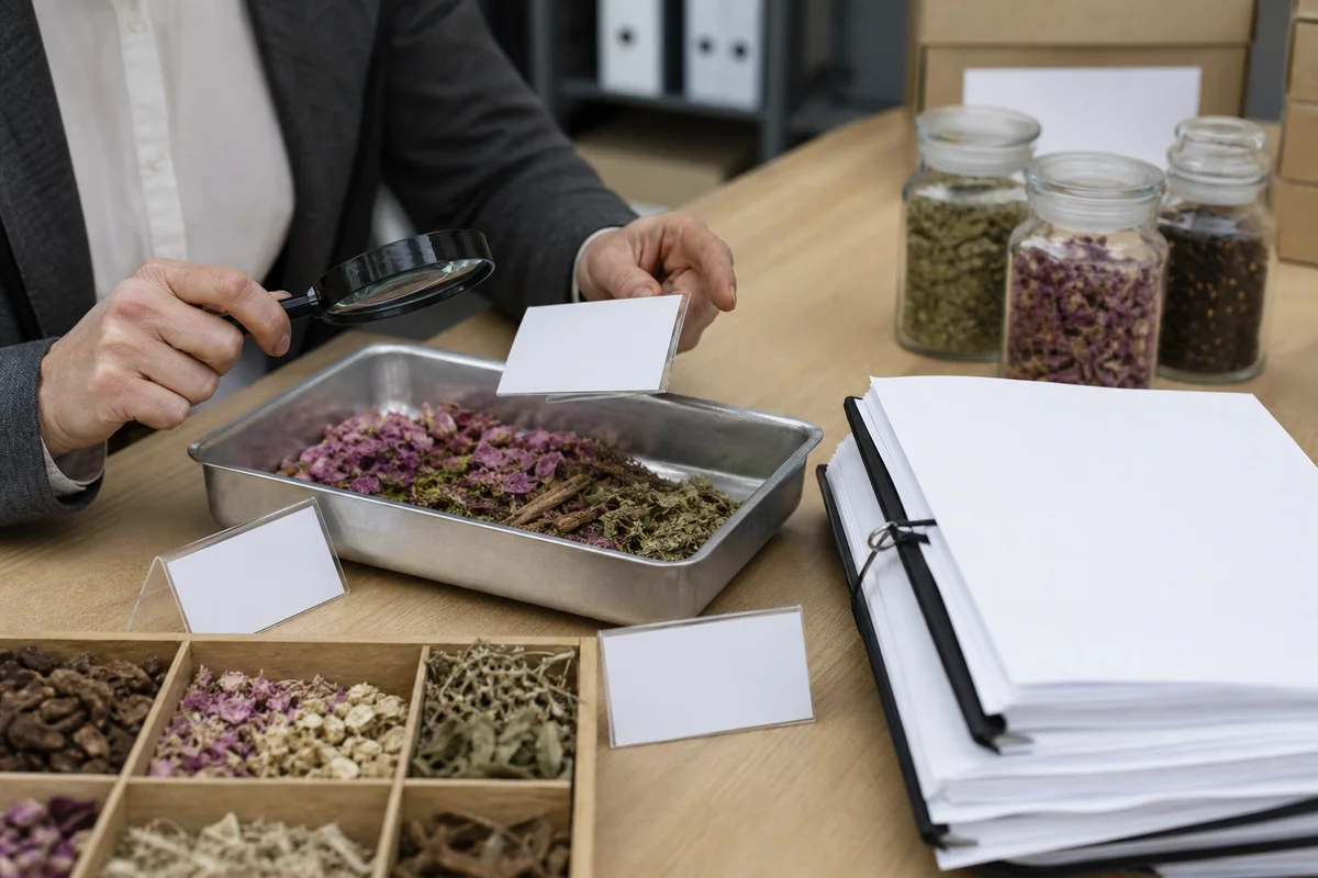 European regulatory reviewer comparing botanical source trays with blank novel-food scope cards and a supplement dossier with a closer quality-review detail