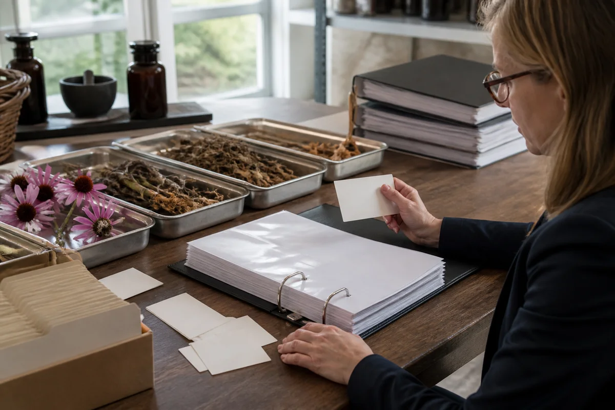 European regulatory reviewer comparing botanical source trays with blank novel-food scope cards and a supplement dossier