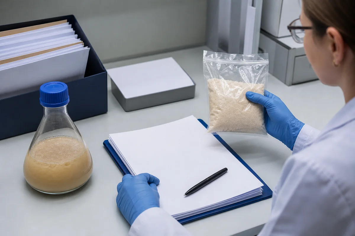 European novel-food review desk with a sealed ingredient sample, microbial culture vessel, and blank dossier pages under laboratory light with a closer quality-review detail