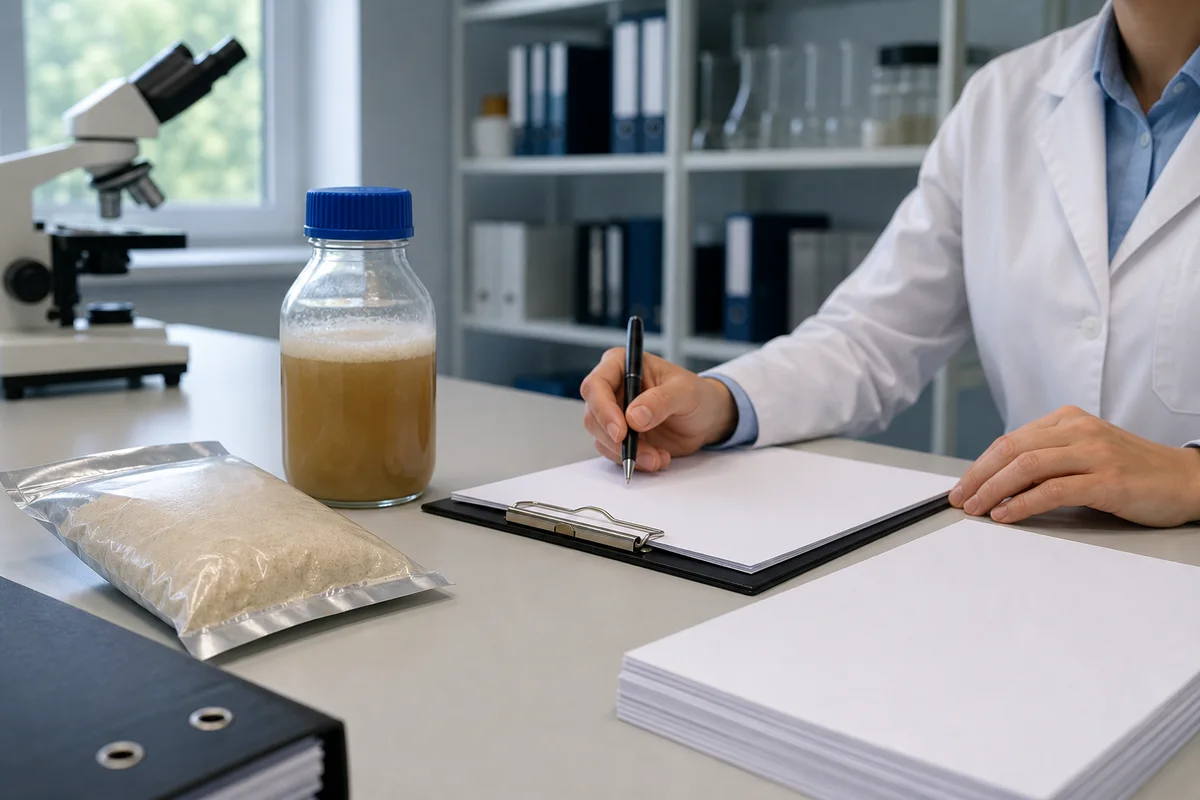 European novel-food review desk with a sealed ingredient sample, microbial culture vessel, and blank dossier pages under laboratory light