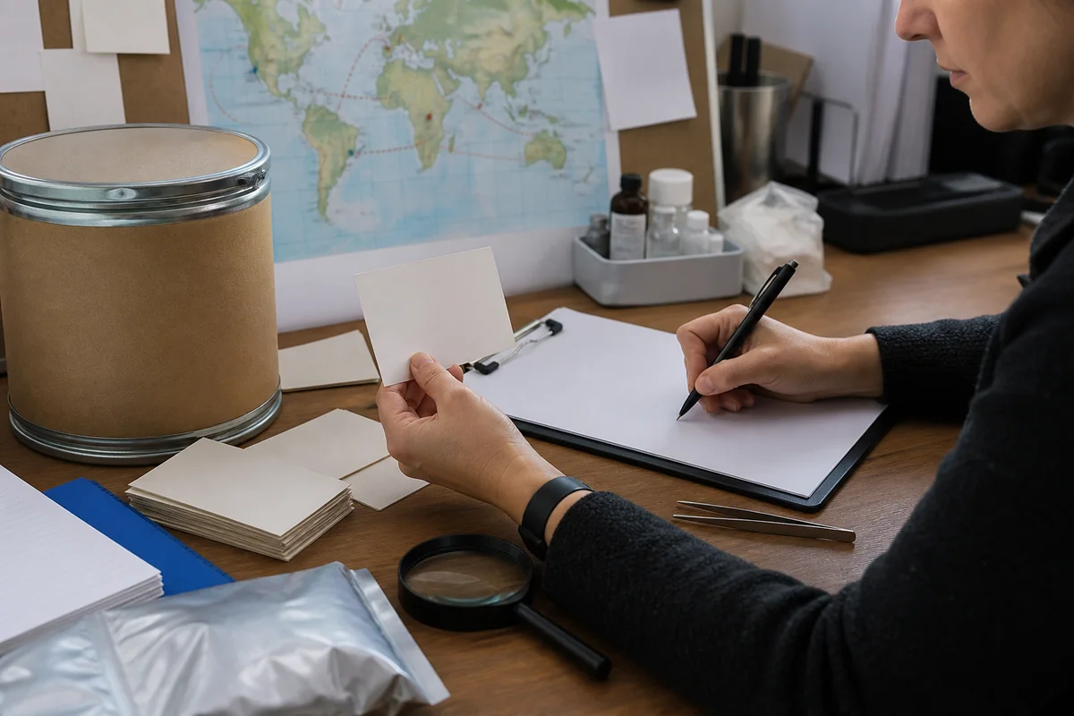 European food-safety horizon-scanning desk with PS drum, supply-chain map, blank alert cards, and analytical tools with a closer quality-review detail