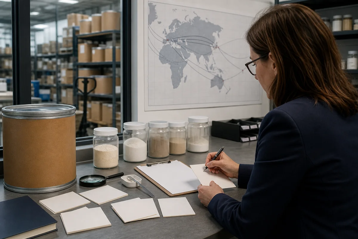 European food-safety horizon-scanning desk with PS drum, supply-chain map, blank alert cards, and analytical tools