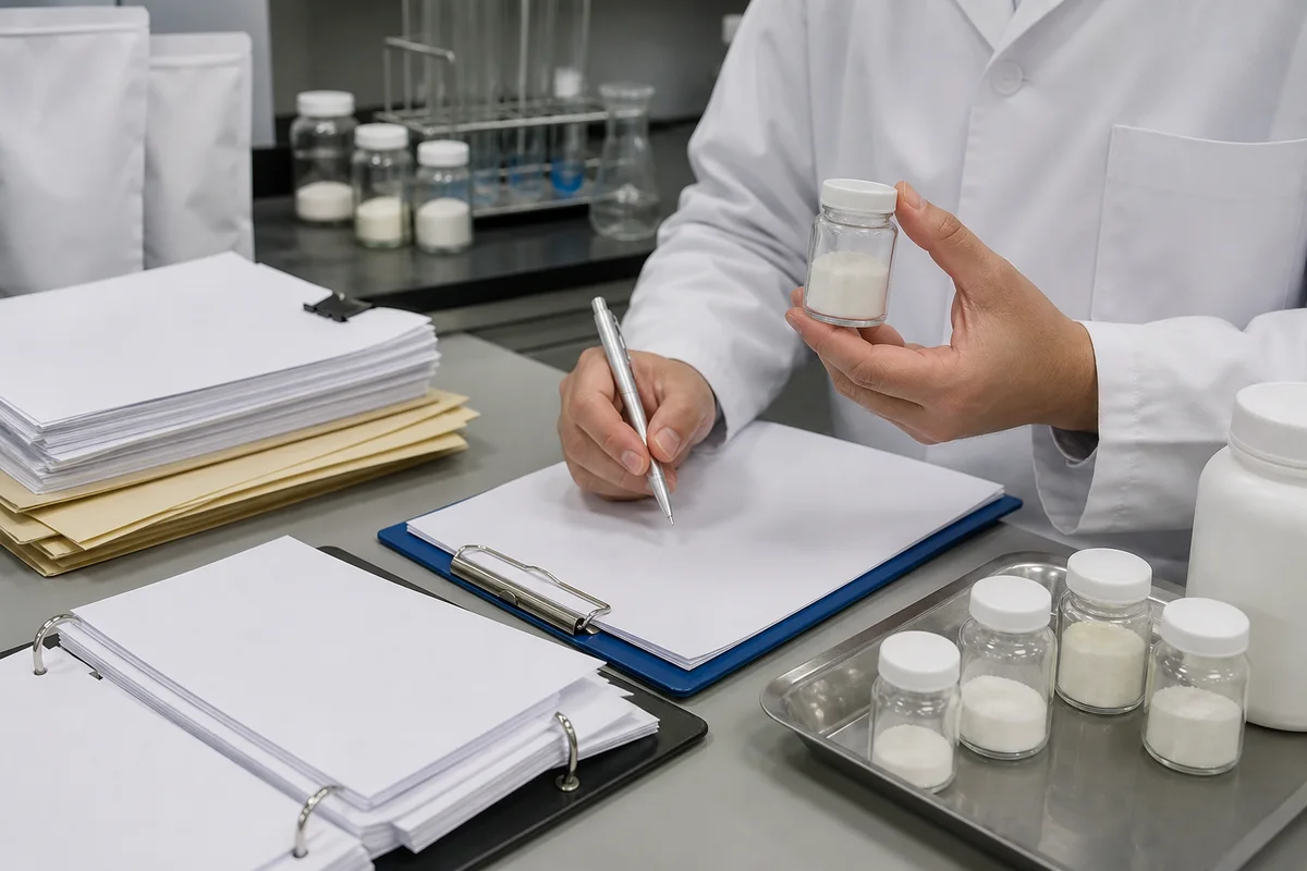 Food-ingredient regulatory dossier with blank additive specification sheets, stability vials, and a laboratory bench with a closer quality-review detail