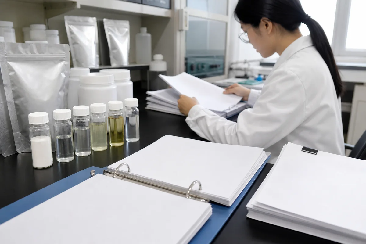 Food-ingredient regulatory dossier with blank additive specification sheets, stability vials, and a laboratory bench