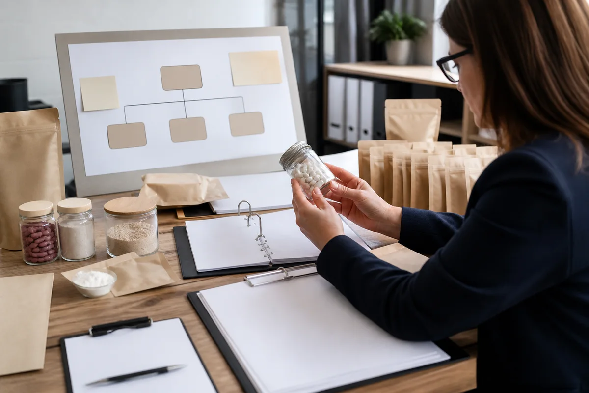 European supplement regulatory desk with blank dossier, PS source samples, and a market-responsibility flow board with a closer quality-review detail