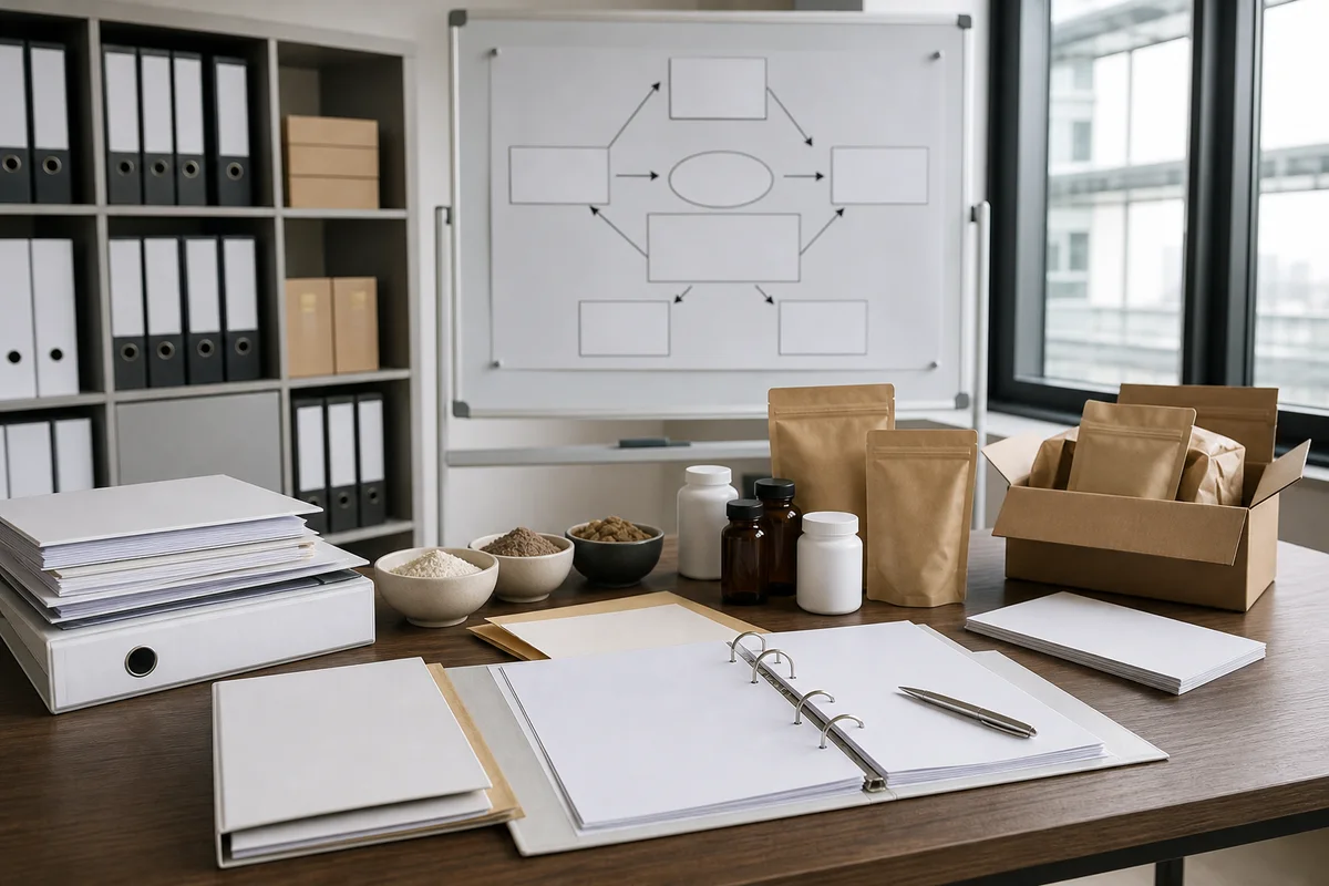 European supplement regulatory desk with blank dossier, PS source samples, and a market-responsibility flow board
