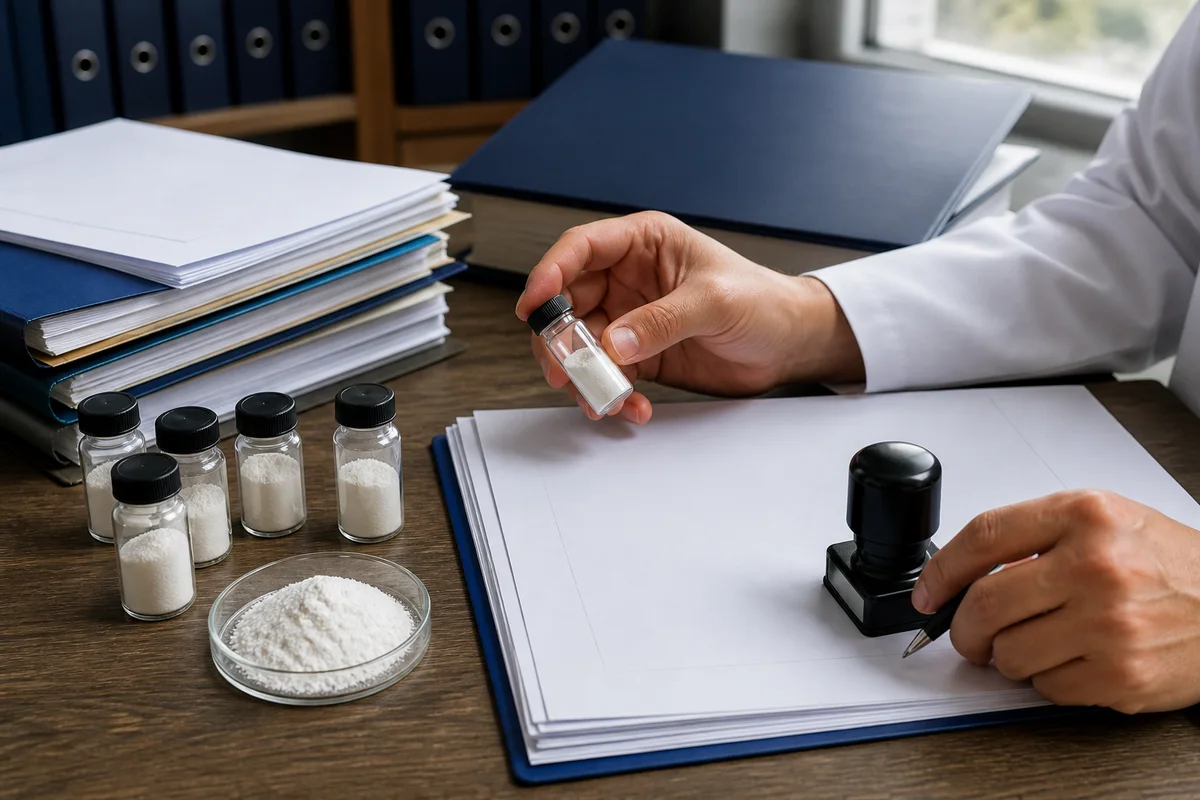 EU ingredient dossier desk with oligosaccharide sample vials, composition worksheet, and a regulatory review stamp without readable text with a closer quality-review detail