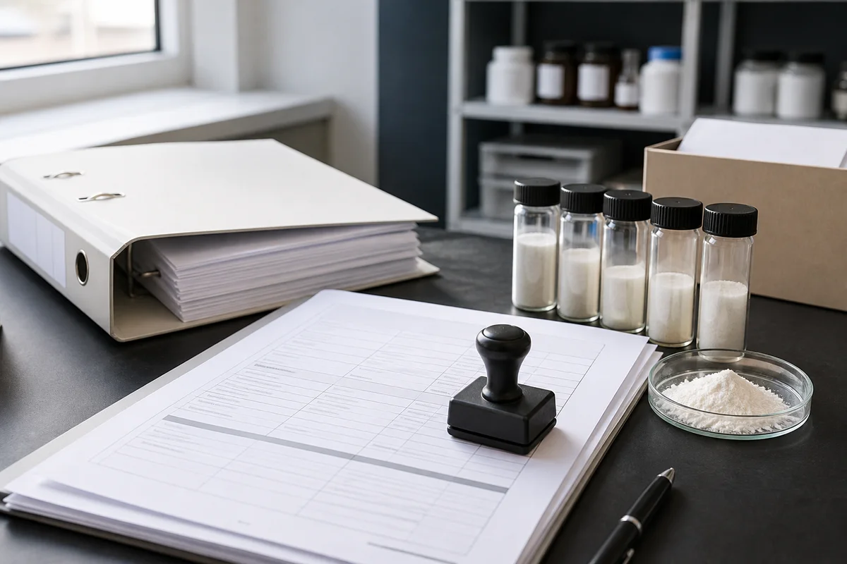 EU ingredient dossier desk with oligosaccharide sample vials, composition worksheet, and a regulatory review stamp without readable text
