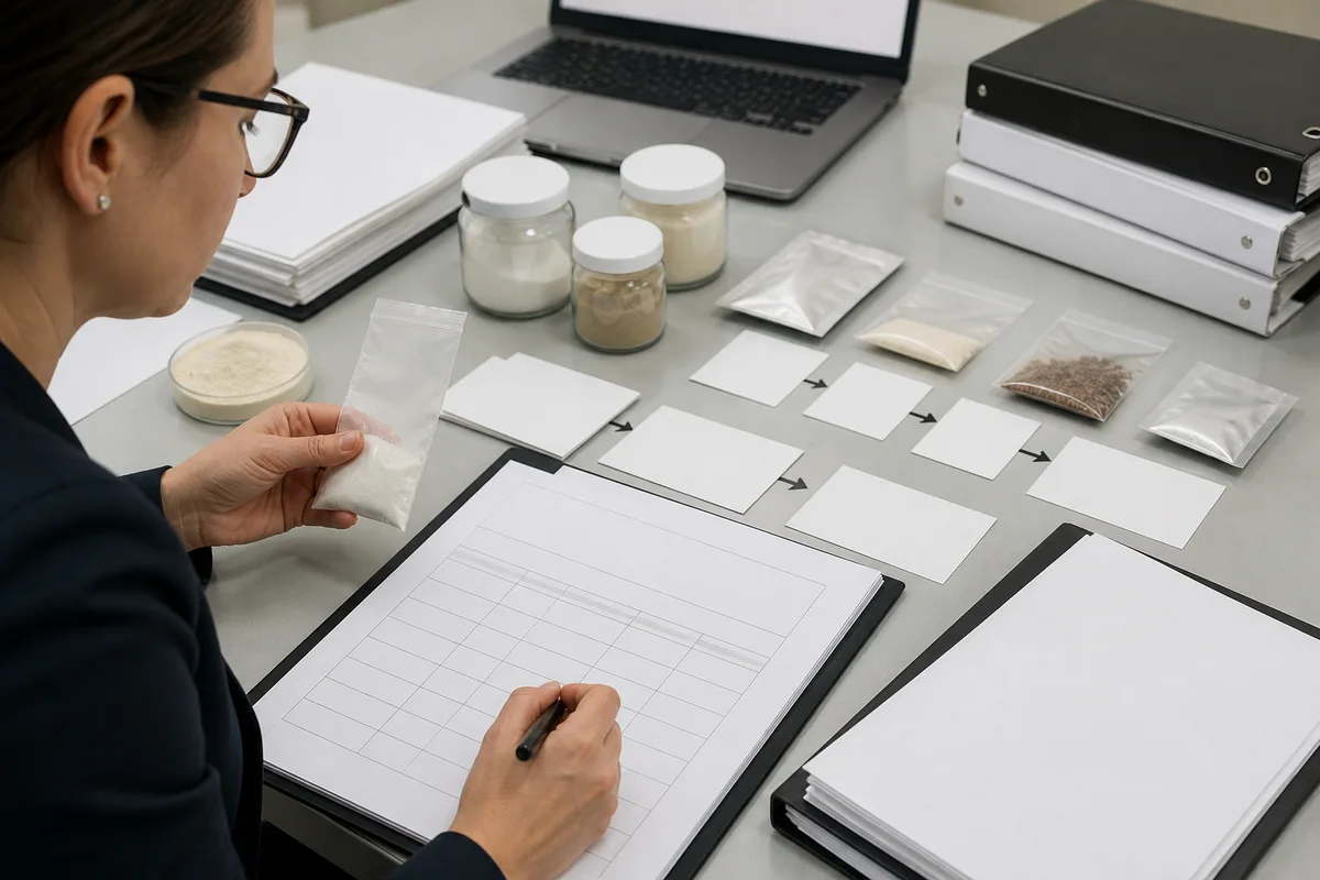 EU novel-food dossier desk with source samples, blank composition tables, production-flow cards, and a regulatory reviewer with a closer quality-review detail