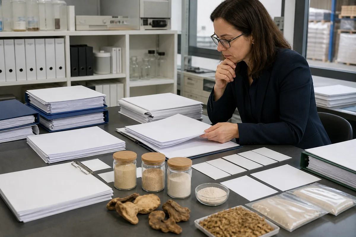 EU novel-food dossier desk with source samples, blank composition tables, production-flow cards, and a regulatory reviewer