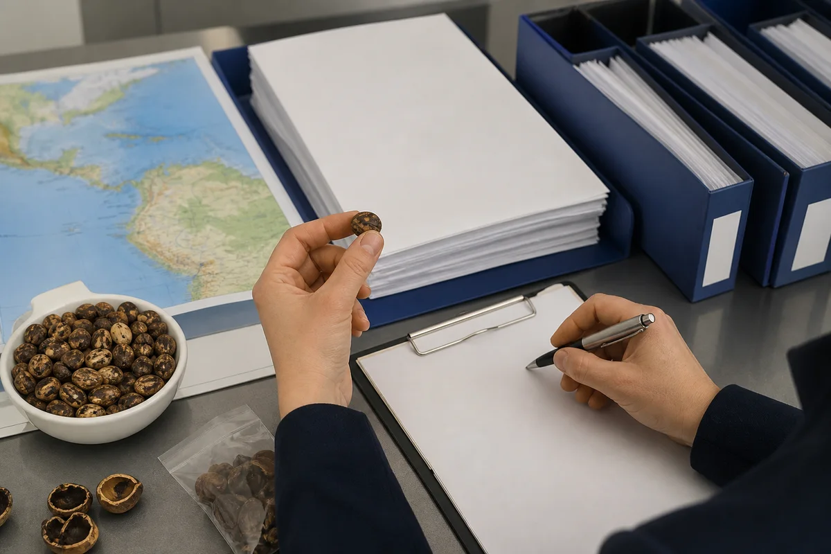 European traditional-food dossier review with roasted seed sample, source map, and blank safety-assessment folders with a closer quality-review detail